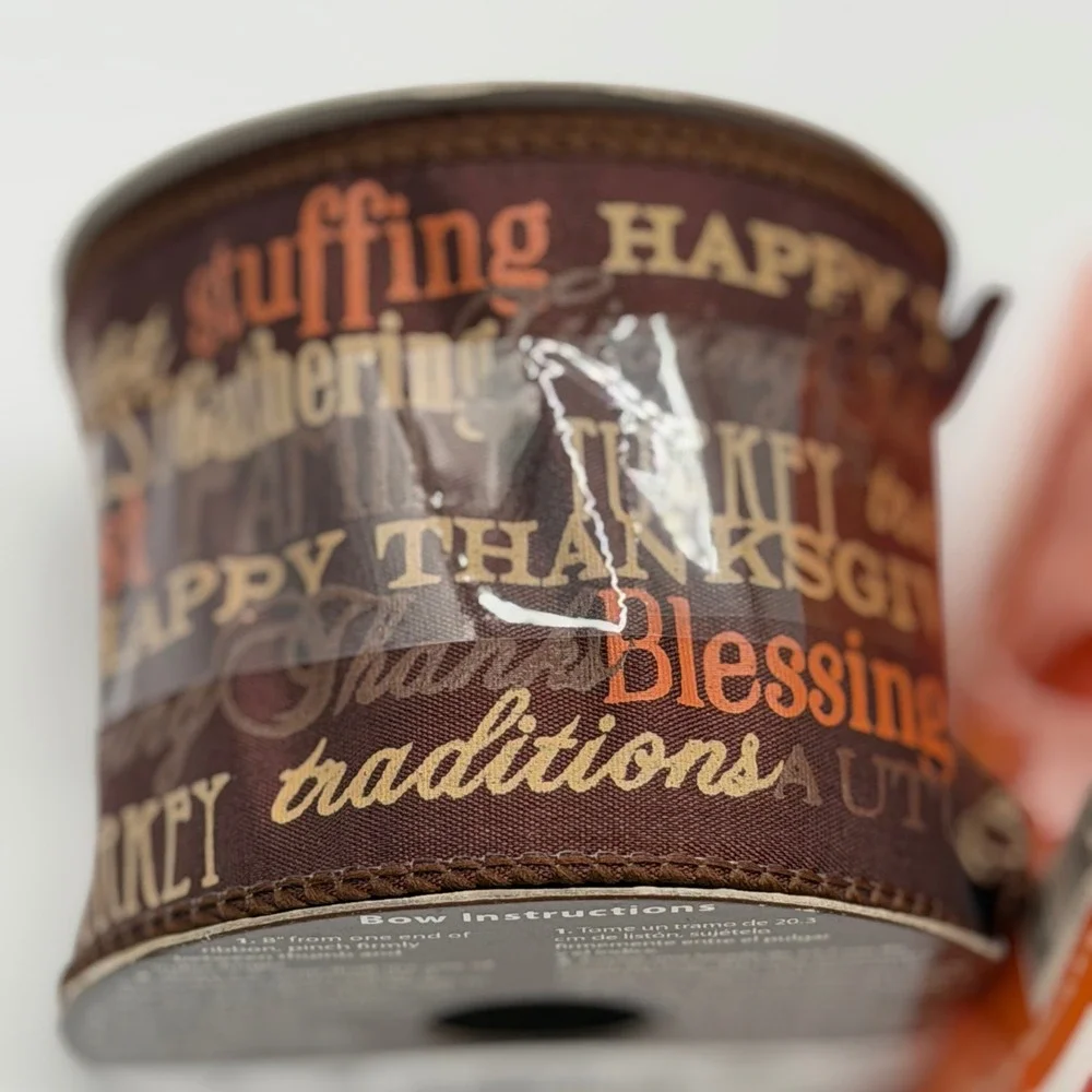 Harvest Thanksgiving Craft Ribbon Set Brown Typography & Orange Felt Leaf 2pk